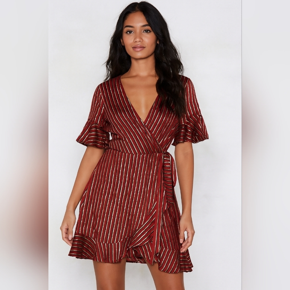 SHOW ME YOUR MUMU Red Preppy Metallic Gold Elegant Striped Mini Wrap Dress(#890)